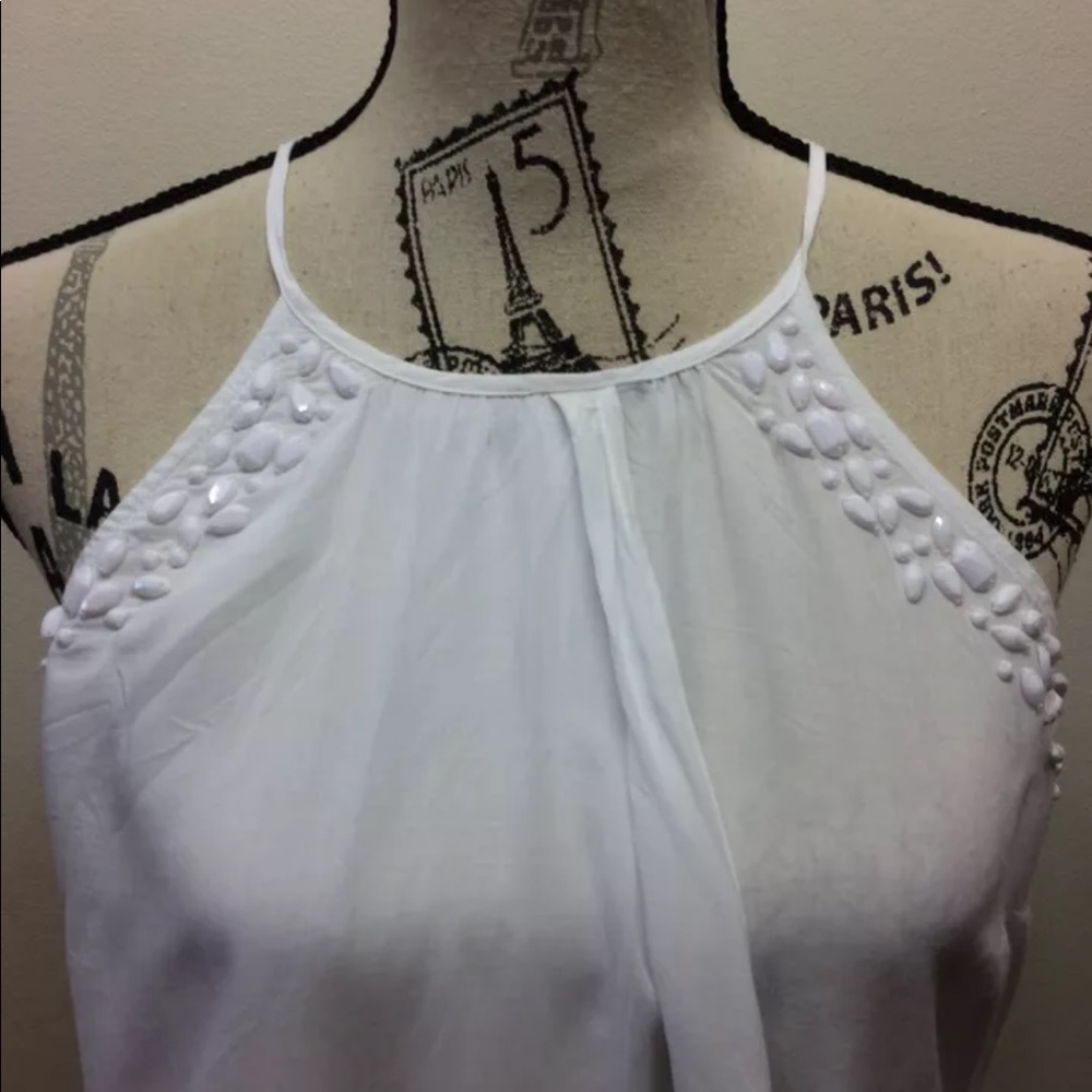 Le Chateau Women Halter Top Medium White Cotton Beaded